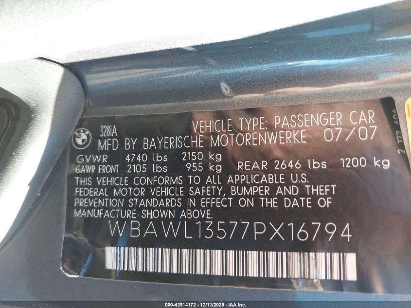 2007 BMW 328I VIN: WBAWL13577PX16794 Lot: 43914172