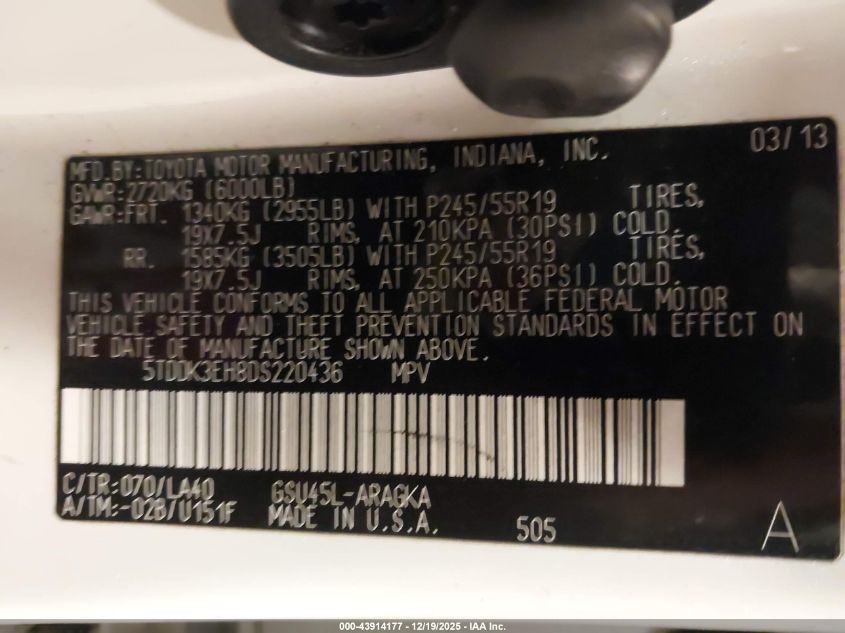 2013 Toyota Highlander Limited V6 VIN: 5TDDK3EH8DS220436 Lot: 43914177