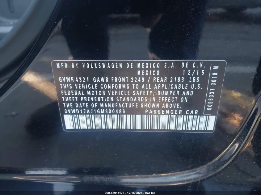 2016 Volkswagen Jetta 1.8T Sport VIN: 3VWD17AJ1GM300486 Lot: 43914178