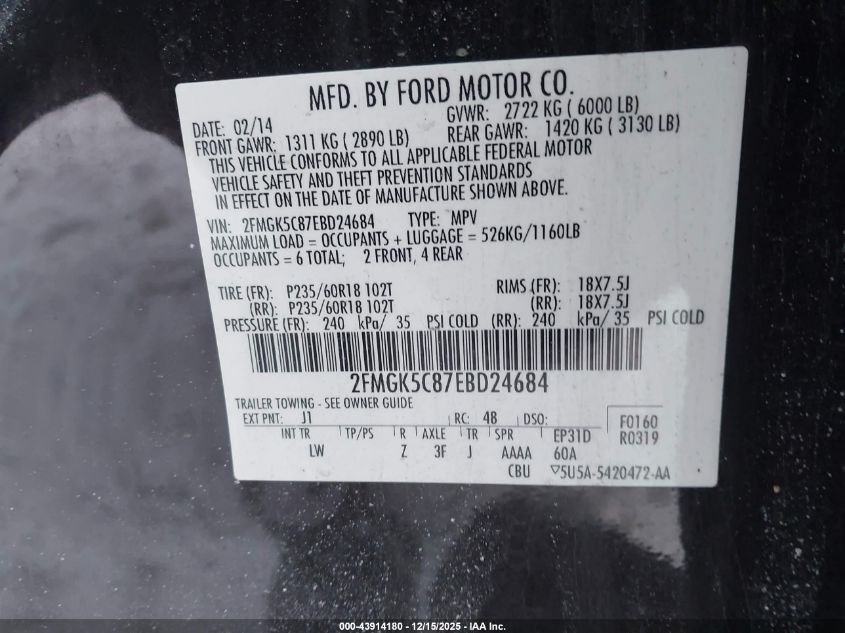 2014 Ford Flex Sel VIN: 2FMGK5C87EBD24684 Lot: 43914180