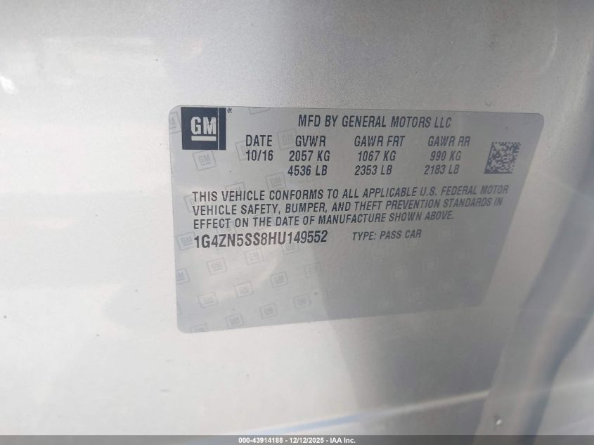 2017 Buick Lacrosse Preferred VIN: 1G4ZN5SS8HU149552 Lot: 43914188