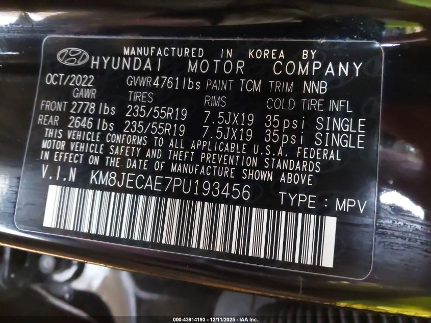 2023 Hyundai Tucson VIN: KMHJECAE7PU193456 Lot: 43914193