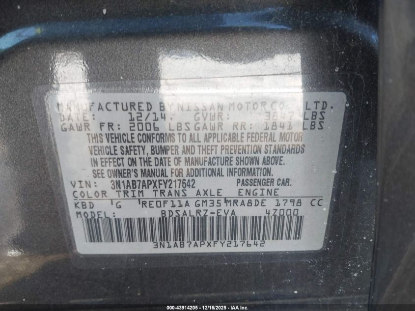 2015 Nissan Sentra Sr VIN: 3N1AB7APXFY217642 Lot: 43914205
