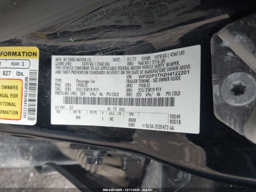 2017 Ford Focus Rs VIN: WF0DP3TH2H4122201 Lot: 43914209