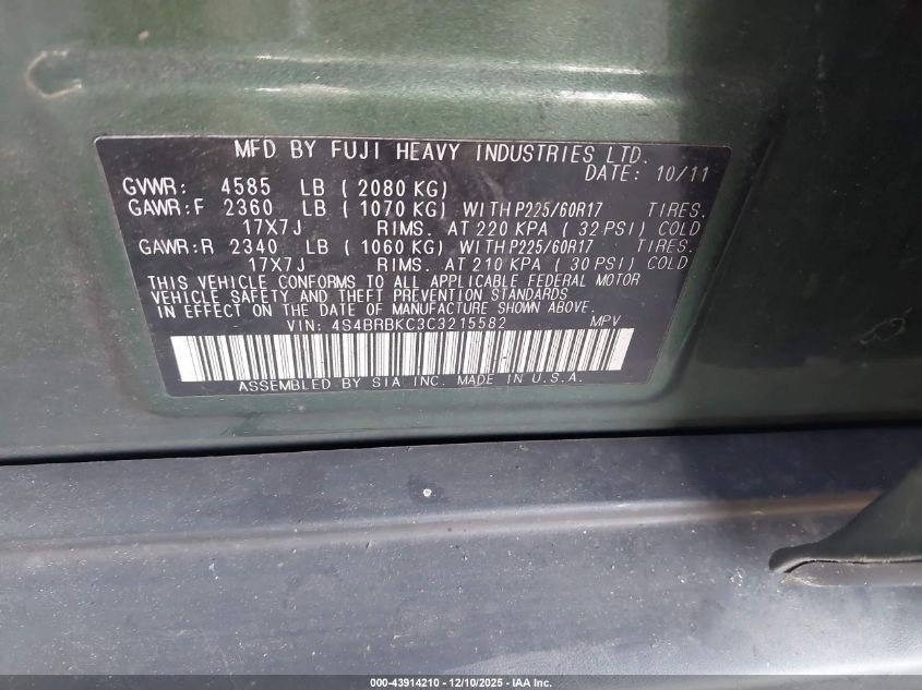 2012 Subaru Outback 2.5I Limited VIN: 4S4BRBKC3C3215582 Lot: 43914210