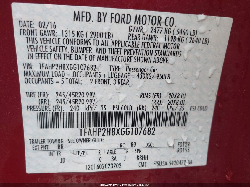 2016 Ford Taurus Sel VIN: 1FAHP2H8XGG107682 Lot: 43914216