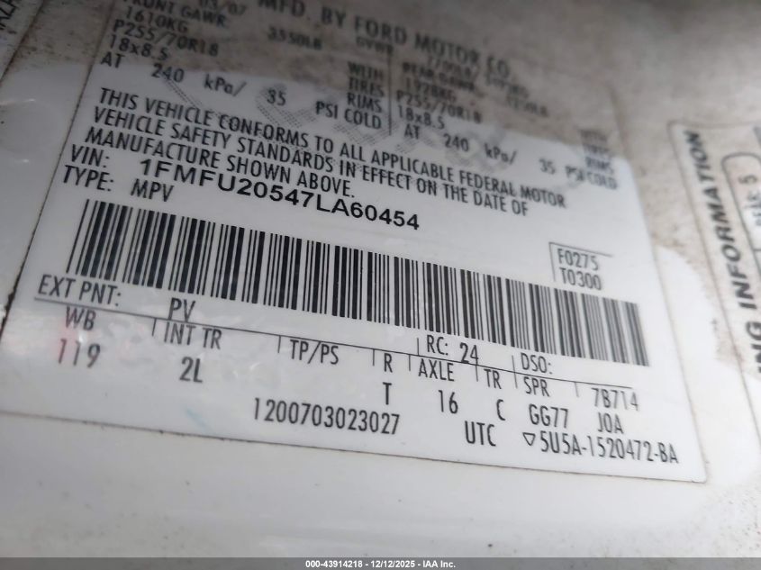 2007 Ford Expedition Limited VIN: 1FMFU20547LA60454 Lot: 43914218