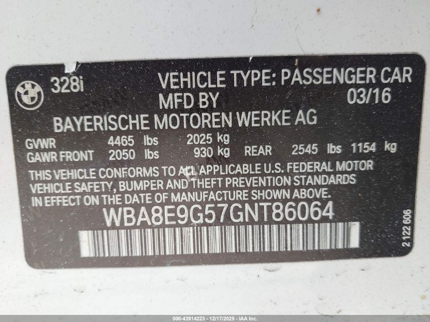 2016 BMW 328I VIN: WBA8E9G57GNT86064 Lot: 43914223