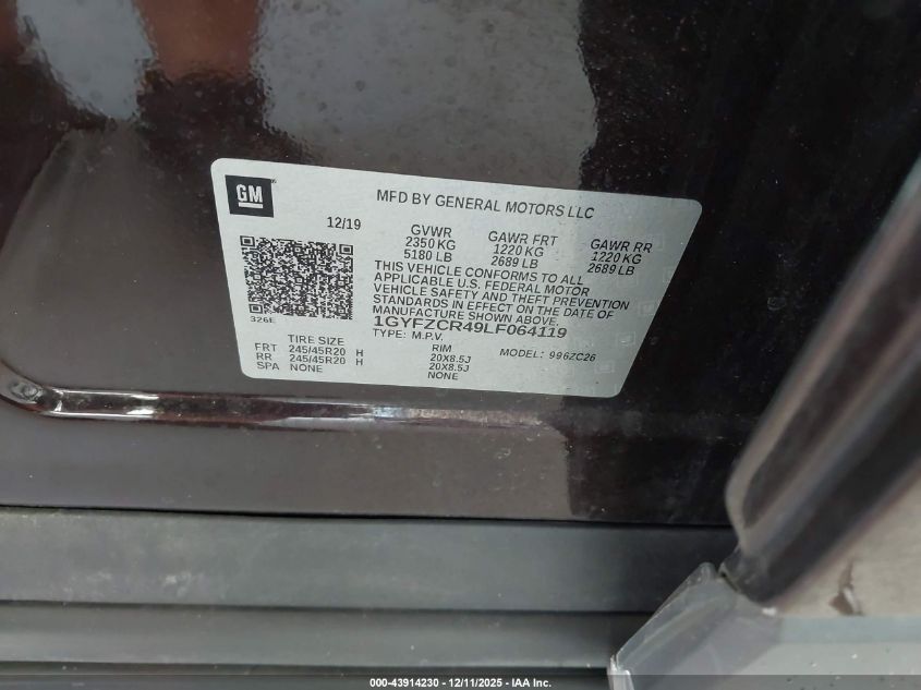 2020 Cadillac Xt4 Fwd Premium Luxury VIN: 1GYFZCR49LF064119 Lot: 43914230