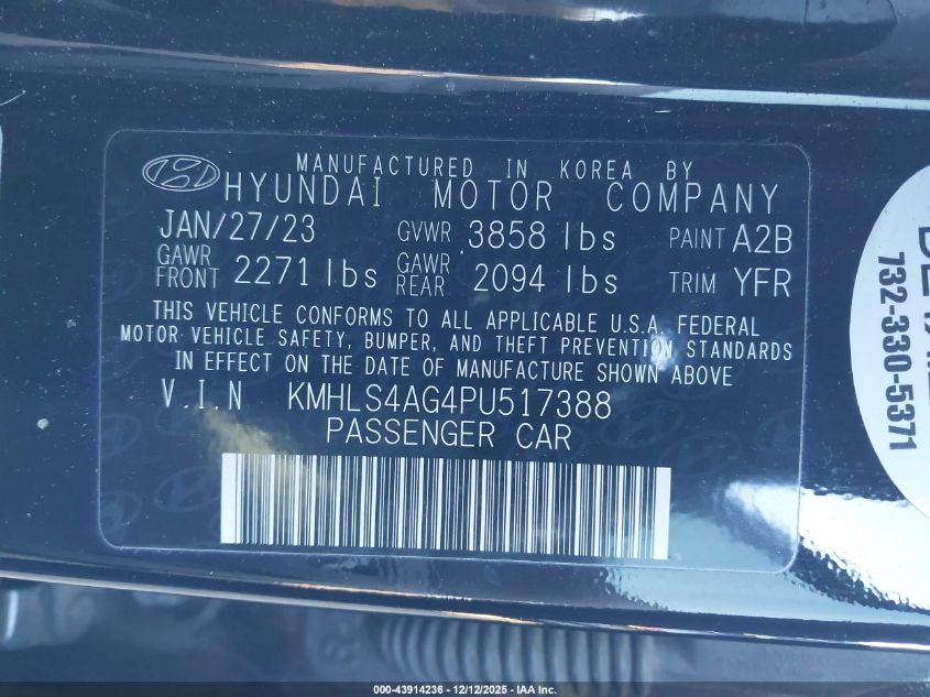 2023 Hyundai Elantra Sel VIN: KMHLS4AG4PU517388 Lot: 43914236
