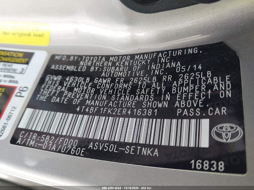 2014 Toyota Camry Le VIN: 4T4BF1FK2ER416381 Lot: 43914244