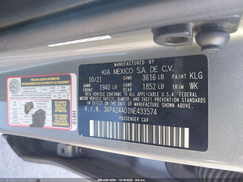 2022 Kia Rio S VIN: 3KPA24AD1NE433574 Lot: 43914256