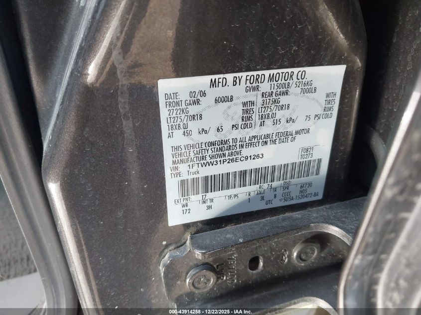 2006 Ford F-350 Lariat/Xl/Xlt VIN: 1FTWW31P26EC91263 Lot: 43914258