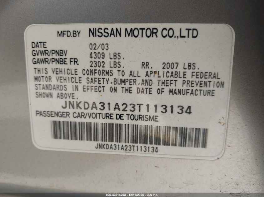 2003 Infiniti I35 Luxury VIN: JNKDA31A23T113134 Lot: 43914263