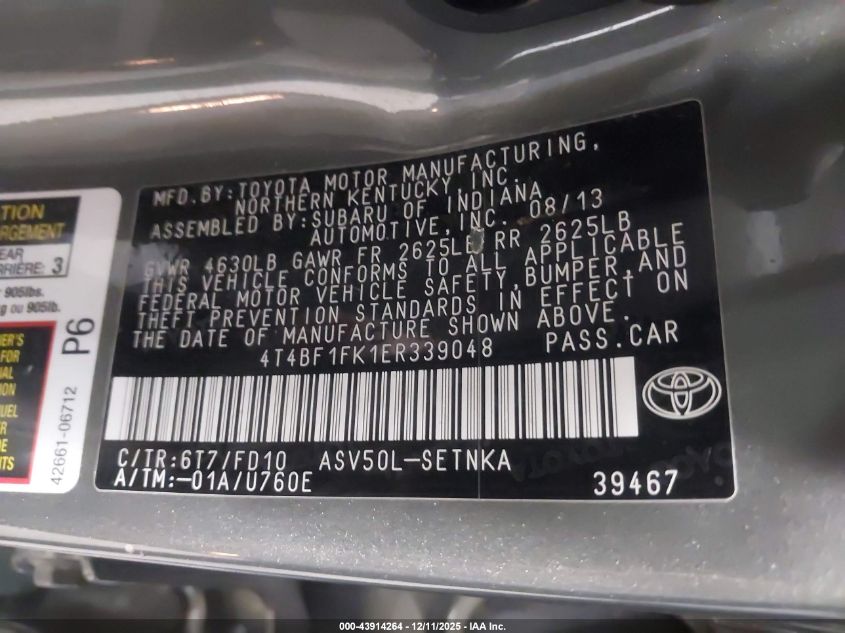 2014 Toyota Camry Le VIN: 4T4BF1FK1ER339048 Lot: 43914264