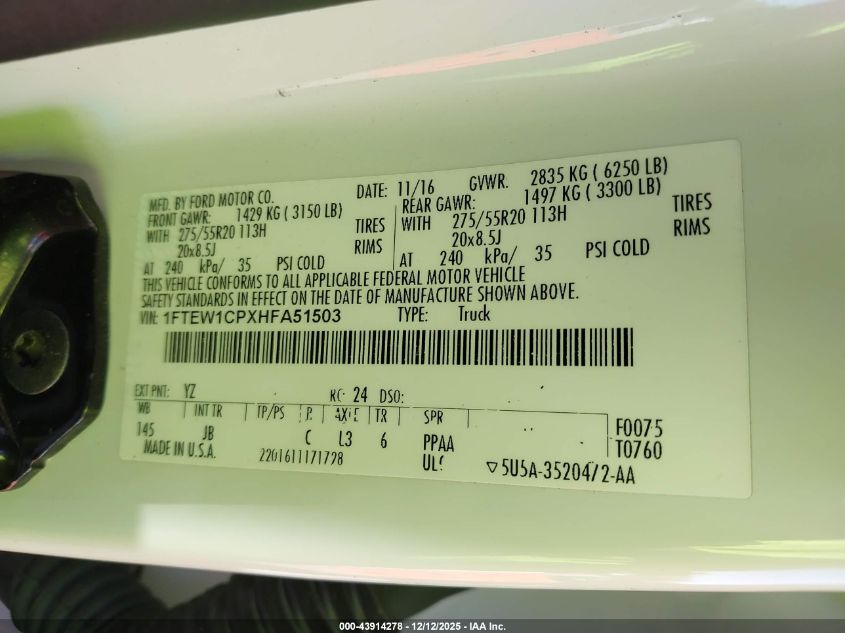 2017 Ford F-150 Xlt VIN: 1FTEW1CPXHFA51503 Lot: 43914278