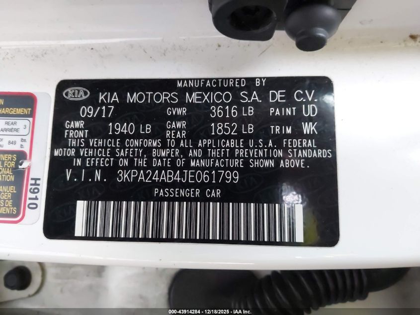 2018 Kia Rio Lx VIN: 3KPA24AB4JE061799 Lot: 43914284