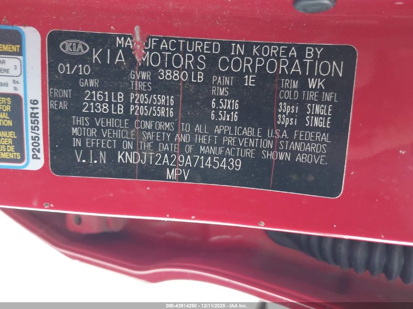 2010 Kia Soul + VIN: KNDJT2A29A7145439 Lot: 43914290