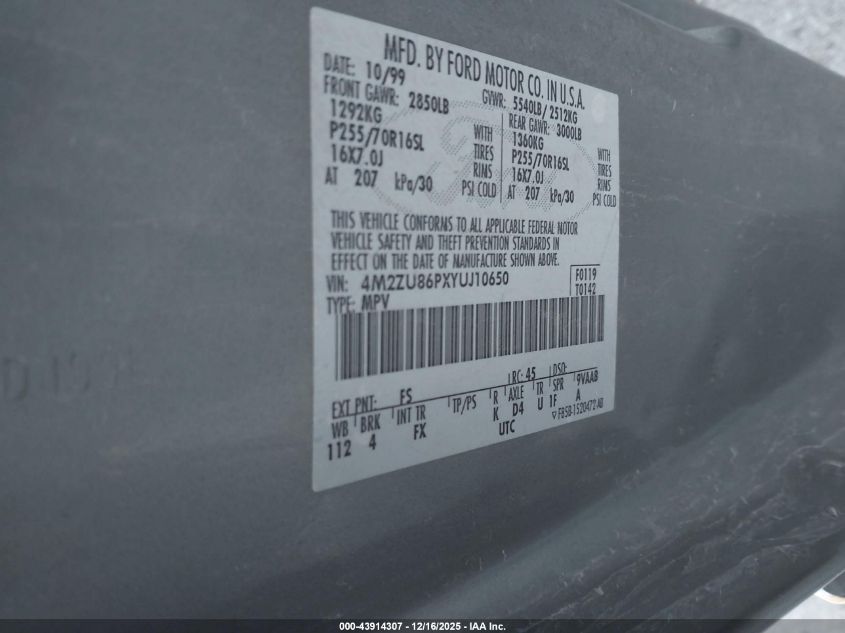 2000 Mercury Mountaineer VIN: 4M2ZU86PXYUJ10650 Lot: 43914307