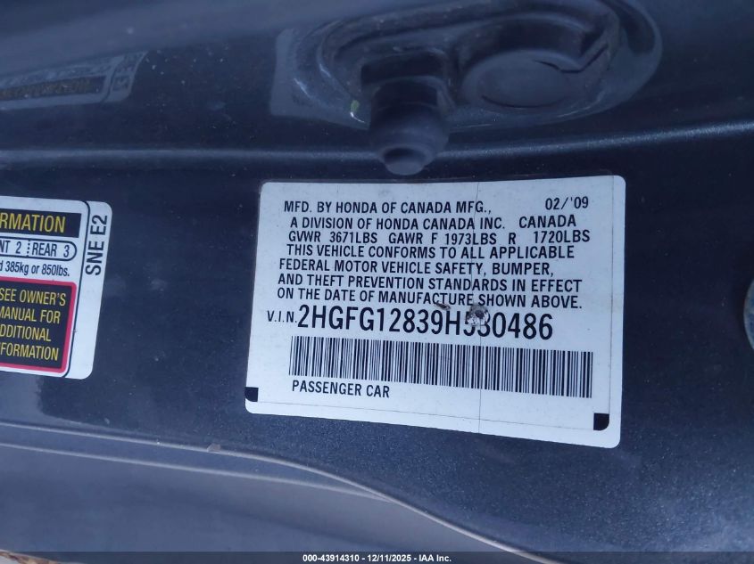 2009 Honda Civic Ex VIN: 2HGFG12839H530486 Lot: 43914310