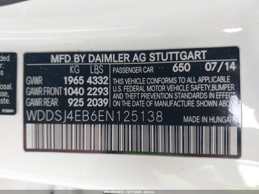 2014 Mercedes-Benz Cla 250 VIN: WDDSJ4EB6EN125138 Lot: 43914312