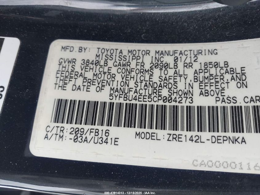 2012 Toyota Corolla Le VIN: 5YFBU4EE5CP004273 Lot: 43914313