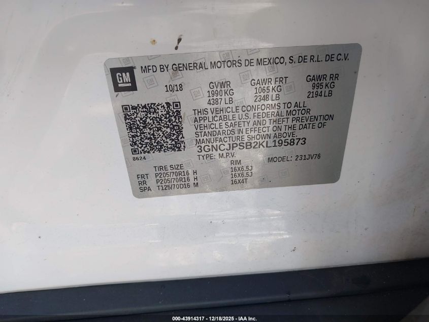 2019 Chevrolet Trax Lt VIN: 3GNCJPSB2KL195873 Lot: 43914317