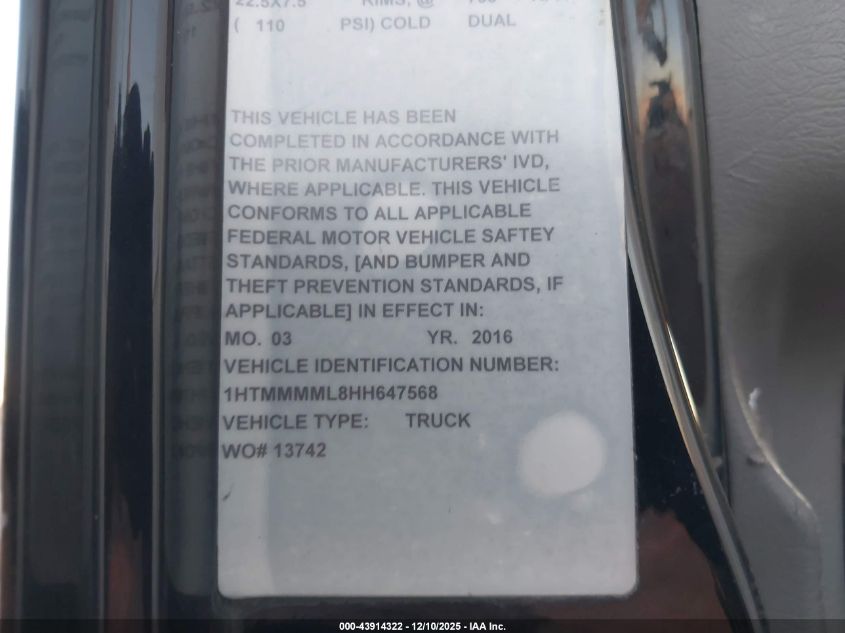 2017 International Durastar 4300 VIN: 1HTMMMML8HH647568 Lot: 43914322