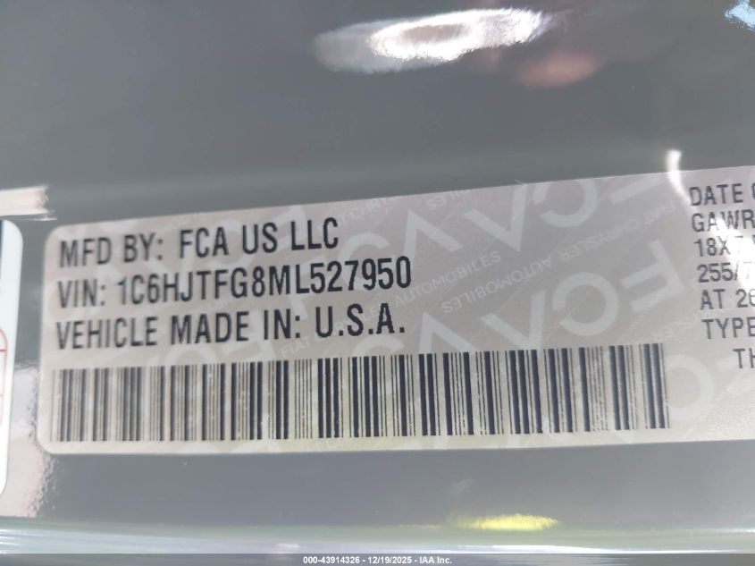 2021 Jeep Gladiator Overland 4X4 VIN: 1C6HJTFG8ML527950 Lot: 43914326
