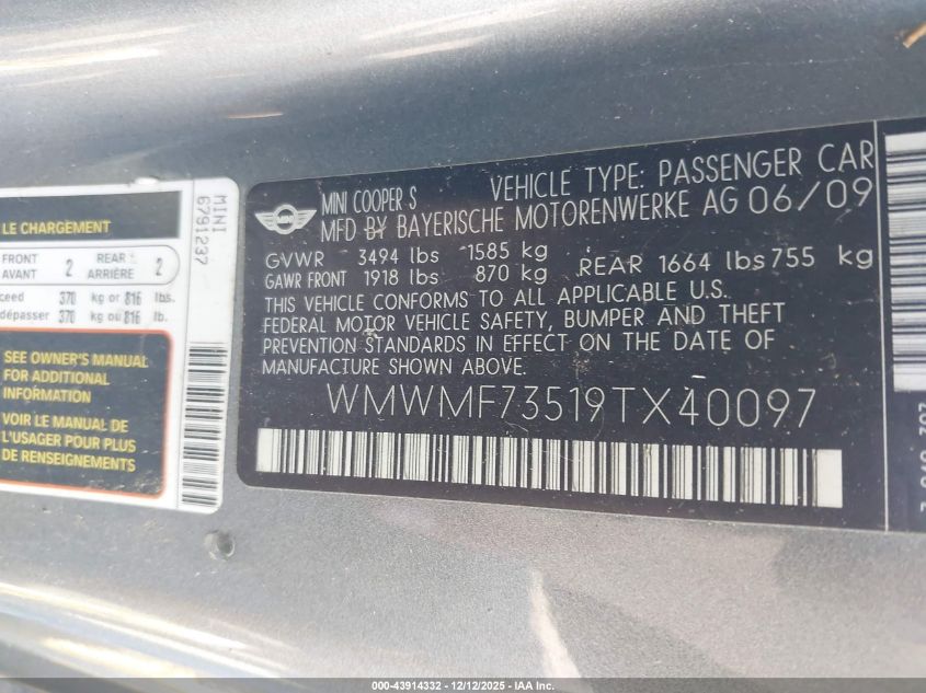 2009 Mini Cooper S VIN: WMWMF73519TX40097 Lot: 43914332