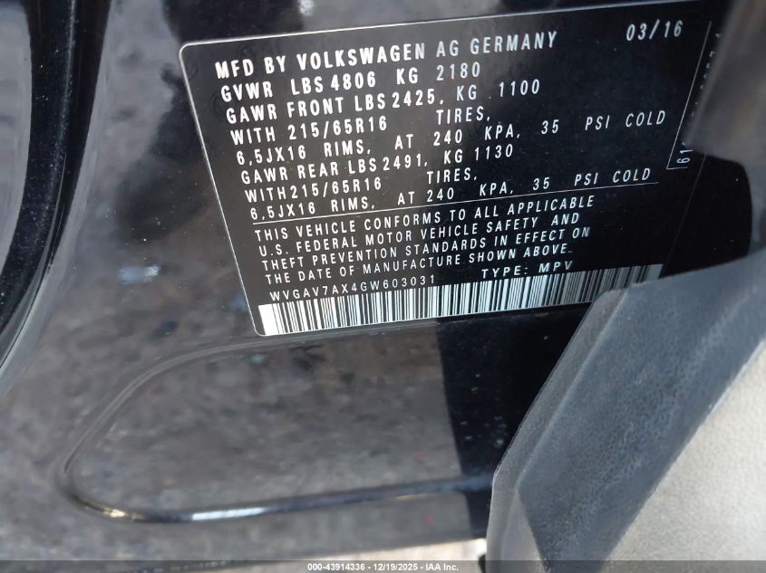 2016 Volkswagen Tiguan S VIN: WVGAV7AX4GW603031 Lot: 43914336