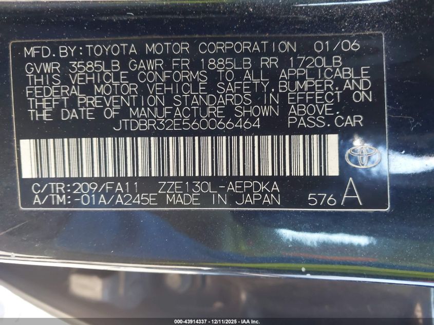 2006 Toyota Corolla Ce VIN: JTDBR32E560066464 Lot: 43914337