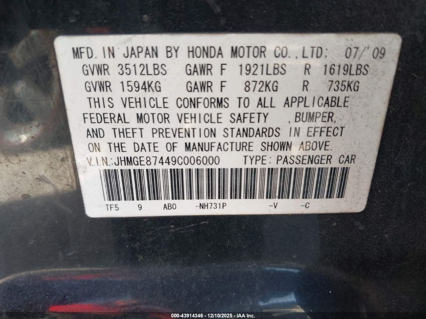 2009 Honda Fit Sport VIN: JHMGE87449C006000 Lot: 43914346