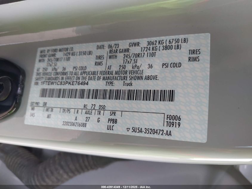 2023 Ford F-150 Xlt VIN: 1FTEW1C83PKE76494 Lot: 43914349