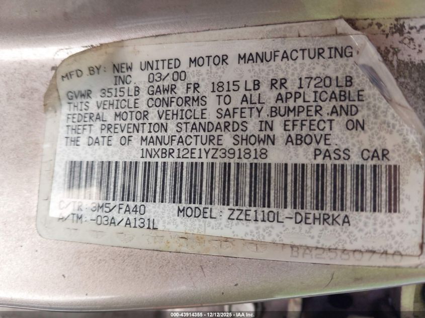 2000 Toyota Corolla Ve VIN: 1NXBR12E1YZ391818 Lot: 43914355