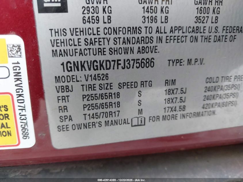 2015 Chevrolet Traverse 1Lt VIN: 1GNKVGKD7FJ375686 Lot: 43914359