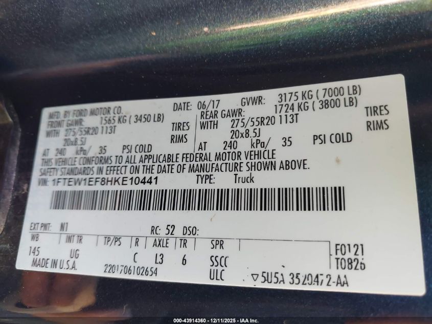2017 Ford F-150 Xlt VIN: 1FTEW1EF8HKE10441 Lot: 43914360