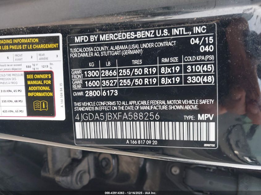 2015 Mercedes-Benz Ml 350 VIN: 4JGDA5JBXFA588256 Lot: 43914363