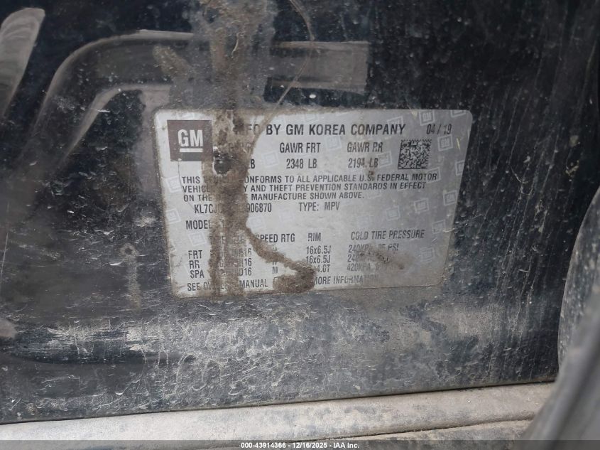 2019 Chevrolet Trax Lt VIN: KL7CJLSB3KB906870 Lot: 43914366