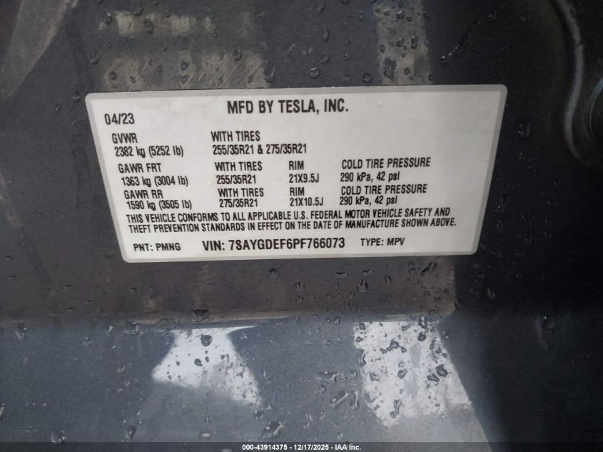2023 Tesla Model Y Performance Dual Motor All-Wheel Drive VIN: 7SAYGDEF6PF766073 Lot: 43914375