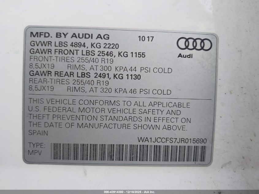 2018 Audi Q3 2.0T Premium/2.0T Sport Premium VIN: WA1JCCFS7JR015690 Lot: 43914380