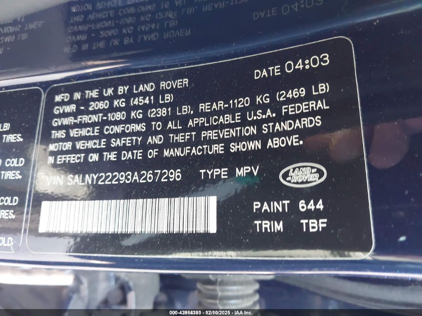 2003 Land Rover Freelander Se VIN: SALNY22293A267296 Lot: 43914383