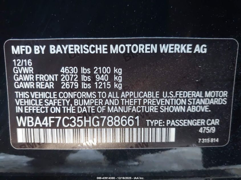 2017 BMW 430I Gran Coupe VIN: WBA4F7C35HG788661 Lot: 43914388