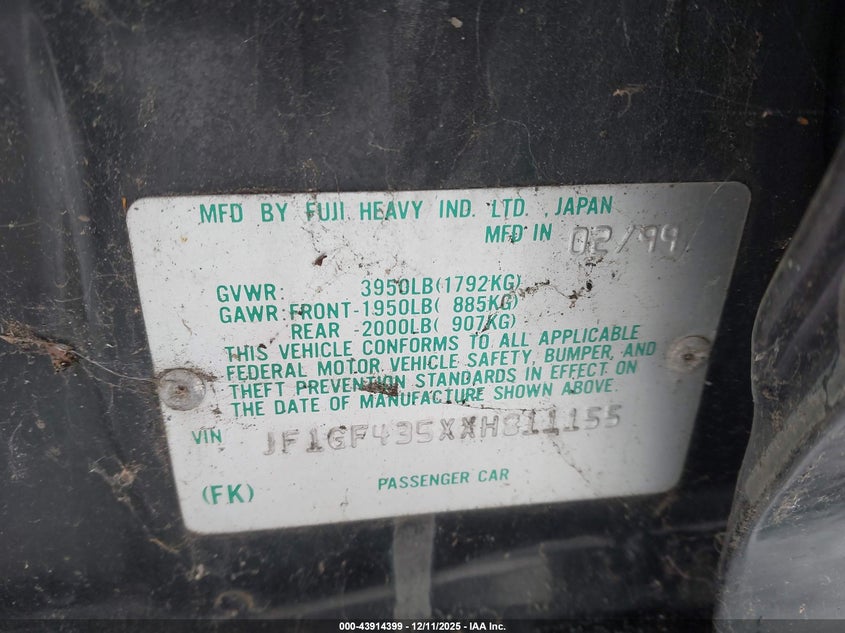 1999 Subaru Impreza L VIN: JF1GF435XXH811155 Lot: 43914399