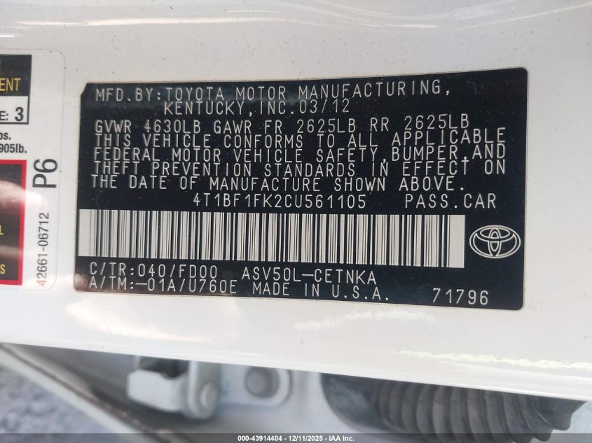 2012 Toyota Camry Le VIN: 4T1BF1FK2CU561105 Lot: 43914404