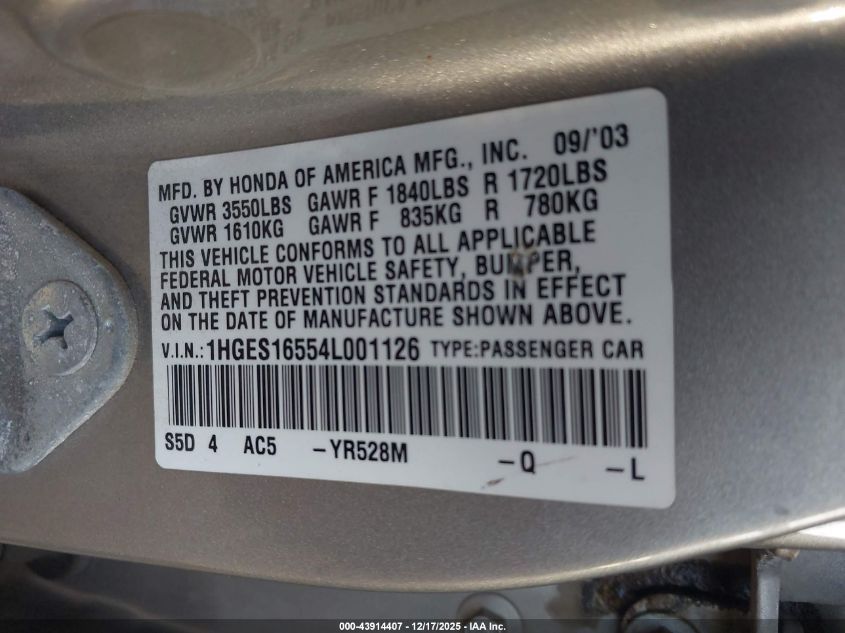 2004 Honda Civic Lx VIN: 1HGES16554L001126 Lot: 43914407