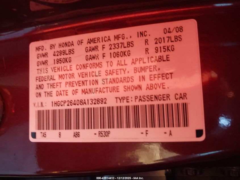 2008 Honda Accord 2.4 Lx-P VIN: 1HGCP26408A132892 Lot: 43914413