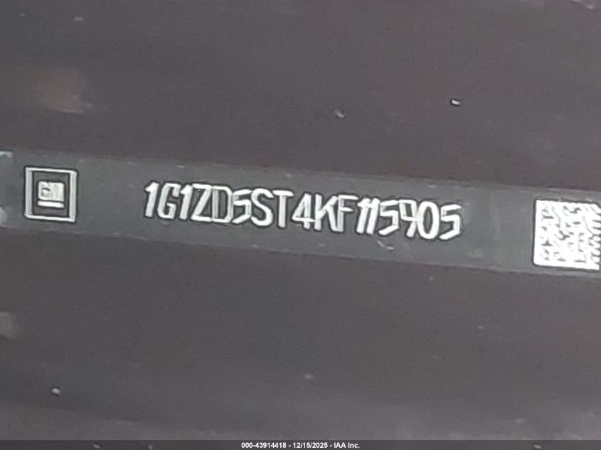 2019 Chevrolet Malibu Lt VIN: 1G1ZD5ST4KF115905 Lot: 43914418