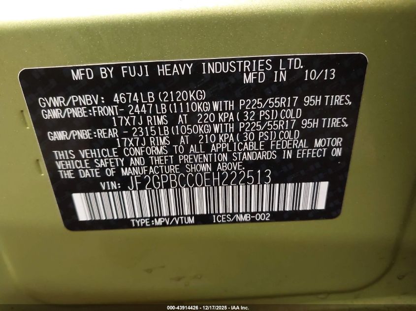 2014 Subaru Xv Crosstrek Hybrid 2.0I VIN: JF2GPBCC0EH222513 Lot: 43914426