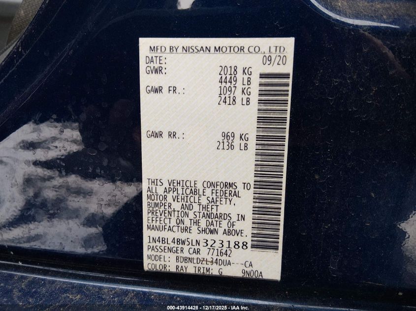 2020 Nissan Altima S Intelligent Awd VIN: 1N4BL4BW5LN323188 Lot: 43914428